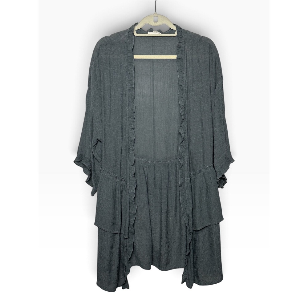 Easel Los Angeles Women's Charcoal Grey Ruffle Tiered Kimono Cardigan 2X